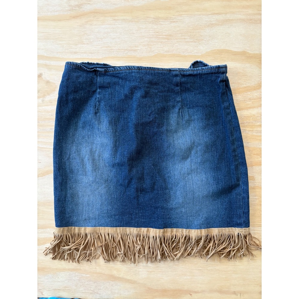 Y2K Vintage Connection Denim Fringe Maxi Skirt Western Faux Suede Trim Size L #5 - Picture 2 of 5